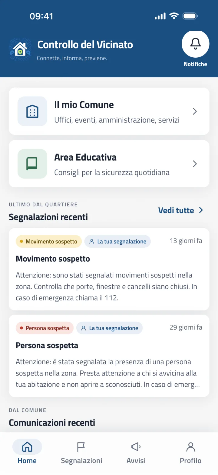 La schermata Home dell'app: Il mio Comune, Area Educativa, segnalazioni e comunicazioni recenti
