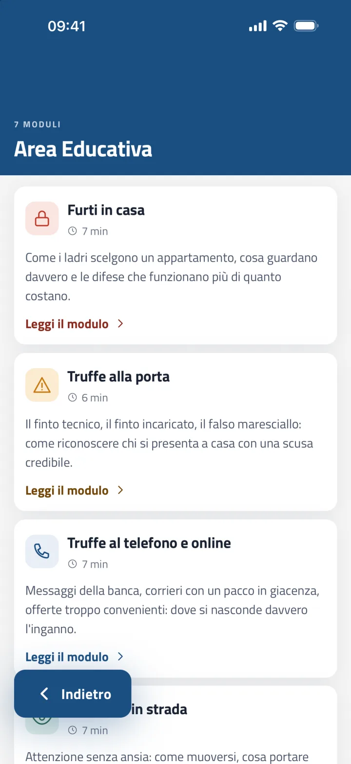 L'Area Educativa dell'app: sette moduli su furti, truffe e prevenzione